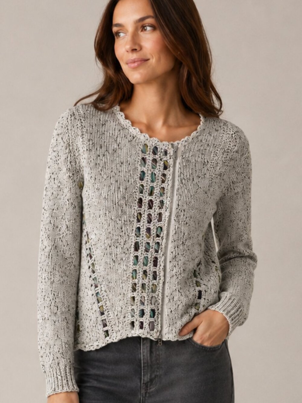 Anthropologie Knitted & Knotted Ripple Ribbons Sweater in Gray, Size S